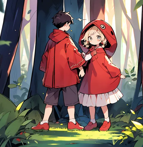 1girl 1boy Little Red Riding Hood Wolf Ear Boy In the Forest