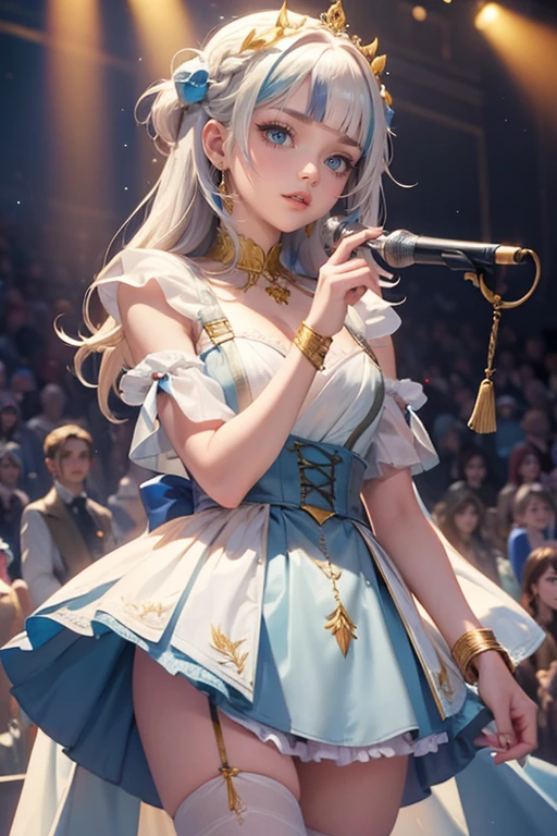 1girl, long hair, long flowing hair, floating hair, ornament hair, perfectly body, perfectly hands, rose on hair, white rose on hair, 1 girl, Looking at the audience, flowing hair, Beautiful Eyes, Plump and glossy lips, Idol, dress with too many frills, white dress, blue laces, white Short skirt, , small skirt, skirt with layers, Drape clothes, blue gem, Lace trim, bright stage, luxury gold details, gold jewelry, more details, best quality, Big sparkling eyes, blushing, Striped Lace Stockings, white Lolita skirt, sparkle, solo, centered girl, cowboy shot, perfectly body, perfectly hands, two arms, two legs, two hands, five fingers, perfect anatomy, glowing hair, white roses, on the stage, sparkles, more details on her clothes, dress with transparency, golden details on her dress, night, holding a microphone, ((4k, masterpiece, top-quality)), 8k, best quality, high resolution, UHD, (illustration:0.8), super cute girl, delicate and beautiful face, mature girl, super cute hairstyle, (beautiful detailed eyes:1.6), extremely detailed face, perfect lighting, extremely detailed CG, (perfect hands, perfect anatomy), Best quality, cleavage