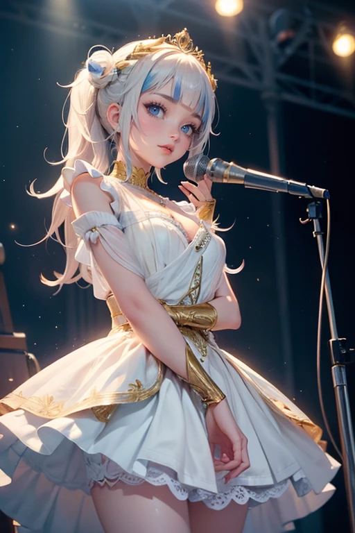 1girl, long hair, long flowing hair, floating hair, ornament hair, perfectly body, perfectly hands, rose on hair, white rose on hair, 1 girl, Looking at the audience, flowing hair, Beautiful Eyes, Plump and glossy lips, Idol, dress with too many frills, white dress, blue laces, white Short skirt, , small skirt, skirt with layers, Drape clothes, blue gem, Lace trim, bright stage, luxury gold details, gold jewelry, more details, best quality, Big sparkling eyes, blushing, Striped Lace Stockings, white Lolita skirt, sparkle, solo, centered girl, cowboy shot, perfectly body, perfectly hands, two arms, two legs, two hands, five fingers, perfect anatomy, glowing hair, white roses, on the stage, sparkles, more details on her clothes, dress with transparency, golden details on her dress, night, holding a microphone, ((4k, masterpiece, top-quality)), 8k, best quality, high resolution, UHD, (illustration:0.8), super cute girl, delicate and beautiful face, mature girl, super cute hairstyle, (beautiful detailed eyes:1.6), extremely detailed face, perfect lighting, extremely detailed CG, (perfect hands, perfect anatomy), Best quality, cleavage