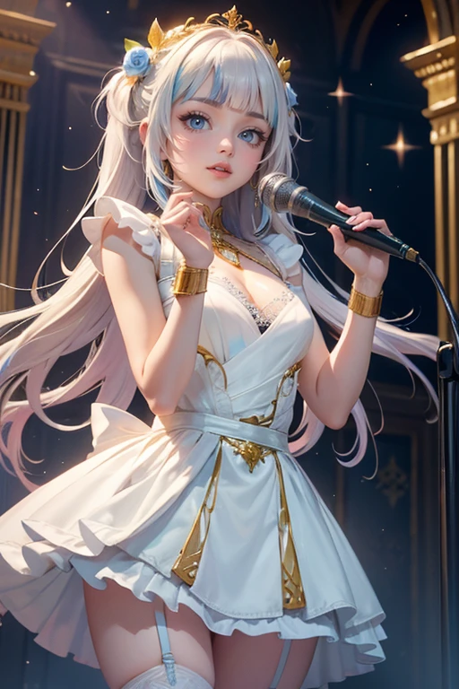 1girl, long hair, long flowing hair, floating hair, ornament hair, perfectly body, perfectly hands, rose on hair, white rose on hair, 1 girl, Looking at the audience, flowing hair, Beautiful Eyes, Plump and glossy lips, Idol, dress with too many frills, white dress, blue laces, white Short skirt, , small skirt, skirt with layers, Drape clothes, blue gem, Lace trim, bright stage, luxury gold details, gold jewelry, more details, best quality, Big sparkling eyes, blushing, Striped Lace Stockings, white Lolita skirt, sparkle, solo, centered girl, cowboy shot, perfectly body, perfectly hands, two arms, two legs, two hands, five fingers, perfect anatomy, glowing hair, white roses, on the stage, sparkles, more details on her clothes, dress with transparency, golden details on her dress, night, holding a microphone, ((4k, masterpiece, top-quality)), 8k, best quality, high resolution, UHD, (illustration:0.8), super cute girl, delicate and beautiful face, mature girl, super cute hairstyle, (beautiful detailed eyes:1.6), extremely detailed face, perfect lighting, extremely detailed CG, (perfect hands, perfect anatomy), Best quality, cleavage