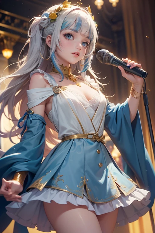 1girl, long hair, long flowing hair, floating hair, ornament hair, perfectly body, perfectly hands, rose on hair, white rose on hair, 1 girl, Looking at the audience, flowing hair, Beautiful Eyes, Plump and glossy lips, Idol, dress with too many frills, white dress, blue laces, white Short skirt, , small skirt, skirt with layers, Drape clothes, blue gem, Lace trim, bright stage, luxury gold details, gold jewelry, more details, best quality, Big sparkling eyes, blushing, Striped Lace Stockings, white Lolita skirt, sparkle, solo, centered girl, cowboy shot, perfectly body, perfectly hands, two arms, two legs, two hands, five fingers, perfect anatomy, glowing hair, white roses, on the stage, sparkles, more details on her clothes, dress with transparency, golden details on her dress, night, holding a microphone, ((4k, masterpiece, top-quality)), 8k, best quality, high resolution, UHD, (illustration:0.8), super cute girl, delicate and beautiful face, mature girl, super cute hairstyle, (beautiful detailed eyes:1.6), extremely detailed face, perfect lighting, extremely detailed CG, (perfect hands, perfect anatomy), Best quality, cleavage