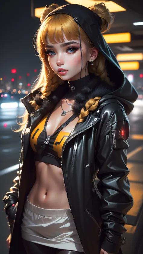 (masterpiece), best quality, ultra high resolution,, cyberpunk 1girl flying over a stunning cityscape ,hoodie,blue fur,  neon co...