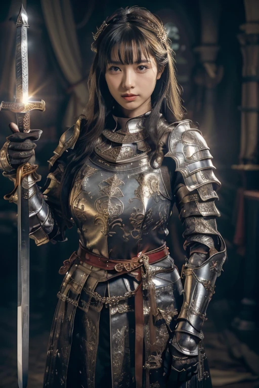  from above view, looking at viewer, (((holding sword:1.3))),  Japanese girl , 16 year old ,( black hair, fringe, wince, little smiling),(C cup breasts, slender whist, middle hip, public hair) ,fullbody,  (Royal Knights)， (((silver Historic heavy armor envelops the entire body)))，((Point the knight's sword at the sky))， Portrait of， Close-up isolation， Solemn， Flat Chest， moderate， Humble， Cinematic, High resolution, vulgar, complicated, high quality, Gorgeous shades, complicated detail, Very slim, Cinematic, High resolution, vulgar, complicated, high quality, Gorgeous shades, complicated, OC Rendering