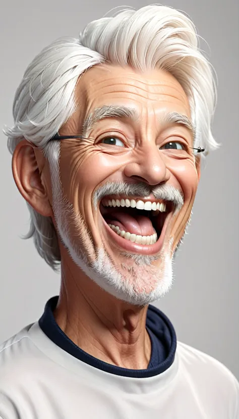 Create a high resolution cartoon character of a 60 year old man with an oval face, Heihaci style white hair, laughing happily, m...
