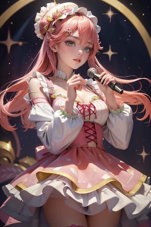 1girl, long hair, pink hair, long flowing hair, floating hair, ornament hair, perfectly body, perfectly hands, rose on hair, Looking at the audience, flowing hair, Beautiful Eyes, Plump and glossy lips, Idol, dress with too many frills, pink dress, pink laces, white Short skirt, , small skirt, skirt with layers, Drape clothes, orange gem, Lace trim, bright stage, luxury gold details, gold jewelry, more details, best quality, Big sparkling eyes, blushing, Striped Lace Stockings, pink Lolita skirt, sparkle, solo, centered girl, cowboy shot, perfectly body, perfectly hands, two arms, two legs, two hands, five fingers, perfect anatomy, glowing hair, pink roses, on the stage, sparkles, more details on her clothes, dress with transparency, golden details on her dress, night, holding a microphone, ((4k, masterpiece, top-quality)), 8k, best quality, high resolution, UHD, (illustration:0.8), super cute girl, delicate and beautiful face, mature girl, super cute hairstyle, (beautiful detailed eyes:1.6), extremely detailed face, perfect lighting, extremely detailed CG, (perfect hands, perfect anatomy), Best quality, cleavage