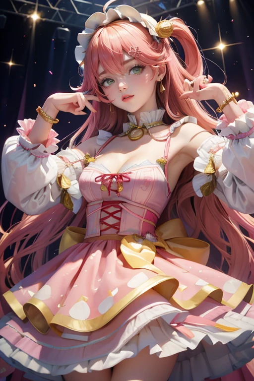 1girl, long hair, pink hair, long flowing hair, floating hair, ornament hair, perfectly body, perfectly hands, rose on hair, Looking at the audience, flowing hair, Beautiful Eyes, Plump and glossy lips, Idol, dress with too many frills, pink dress, pink laces, white Short skirt, , small skirt, skirt with layers, Drape clothes, orange gem, Lace trim, bright stage, luxury gold details, gold jewelry, more details, best quality, Big sparkling eyes, blushing, Striped Lace Stockings, pink Lolita skirt, sparkle, solo, centered girl, cowboy shot, perfectly body, perfectly hands, two arms, two legs, two hands, five fingers, perfect anatomy, glowing hair, pink roses, on the stage, sparkles, more details on her clothes, dress with transparency, golden details on her dress, night, holding a microphone, ((4k, masterpiece, top-quality)), 8k, best quality, high resolution, UHD, (illustration:0.8), super cute girl, delicate and beautiful face, mature girl, super cute hairstyle, (beautiful detailed eyes:1.6), extremely detailed face, perfect lighting, extremely detailed CG, (perfect hands, perfect anatomy), Best quality, cleavage