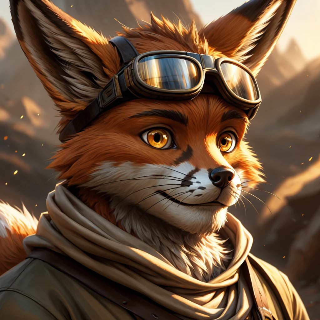 (best picture quality),(masterpiece),(((the only person))),(Super detailed),(male fox:1.5), (brown skin:1), hairy，(brown fur:1),((golden pupils)) ,(gray ears),(hairy animal ears)，((steppe))，goggles，natural lighting，complex background,Detailed face，details on face，Character focus，Detailed clothes，upper part of body，depth of field，lighting perfect，sharp focus，Character close-up