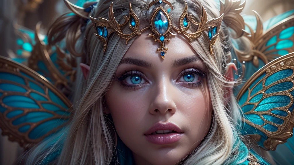 Beautiful, Amazing face and eyes, makeup, (extremely detailed beautiful face), Blonde, (sexiest look), (Beautiful breasts:1.3), (Best Quality:1.4), (Ultra-detailed), (extremely detailed CG unified 8k wallpaper), Highly detailed, RAW Photos, Professional Photography, (silk see through lace:1.3), full body, sitting, (Spread your legs), (:1.4), plein air, Illumination, (Super fancy photos:1.4), (Dazzling light), Radiant Photography, depth of fields, (Glowing blue eyes), (realistic elf ear), (castle, fantasy setting), ((orbs)), massive butterfly wings,