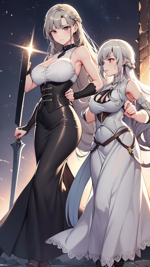 masterpiece, best quality, Mature women,, gray hair, Long Hair Flying，fantasy, middle Ages, On the war zone, dynamic poses, Beautiful and detailed light，black corset，White miniskirt，Lace exposed，Golden eyes，There are blue sword lights all around，silence，fist to the sky with right hand