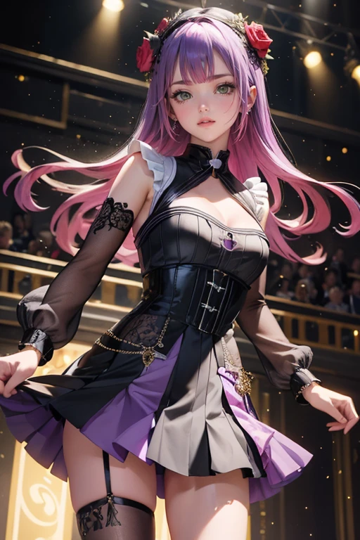 1girl, long hair, long flowing hair, floating hair, ornament hair, perfectly body, perfectly hands, rose on hair, purple rose on hair, 1 girl, Looking at the audience, flowing hair, Beautiful Eyes, Plump and glossy lips, Idol, dress with too many frills, black dress, white laces, black Short skirt, , small skirt, skirt with layers, Drape clothes, purple gem, Lace trim, bright stage, luxury gold details, gold jewelry, more details, best quality, Big sparkling eyes, blushing, Striped Lace Stockings, black Lolita skirt, sparkle, solo, centered girl, cowboy shot, perfectly body, perfectly hands, two arms, two legs, two hands, five fingers, perfect anatomy, glowing hair, purple roses, on the stage, sparkles, more details on her clothes, dress with transparency, golden details on her dress, night, holding a microphone, ((4k, masterpiece, top-quality)), 8k, best quality, high resolution, UHD, (illustration:0.8), super cute girl, delicate and beautiful face, mature girl, super cute hairstyle, (beautiful detailed eyes:1.6), extremely detailed face, perfect lighting, extremely detailed CG, (perfect hands, perfect anatomy), Best quality, cleavage