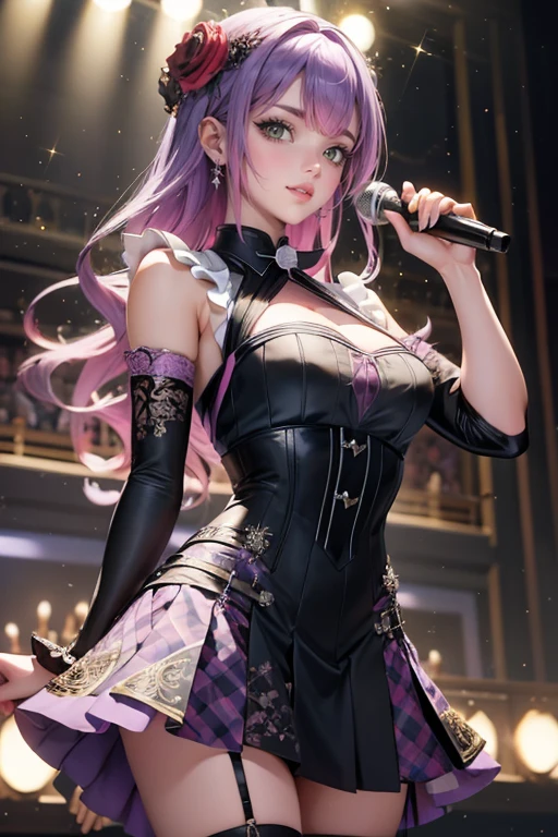 1girl, long hair, long flowing hair, floating hair, ornament hair, perfectly body, perfectly hands, rose on hair, purple rose on hair, 1 girl, Looking at the audience, flowing hair, Beautiful Eyes, Plump and glossy lips, Idol, dress with too many frills, black dress, white laces, black Short skirt, , small skirt, skirt with layers, Drape clothes, purple gem, Lace trim, bright stage, luxury gold details, gold jewelry, more details, best quality, Big sparkling eyes, blushing, Striped Lace Stockings, black Lolita skirt, sparkle, solo, centered girl, cowboy shot, perfectly body, perfectly hands, two arms, two legs, two hands, five fingers, perfect anatomy, glowing hair, purple roses, on the stage, sparkles, more details on her clothes, dress with transparency, golden details on her dress, night, holding a microphone, ((4k, masterpiece, top-quality)), 8k, best quality, high resolution, UHD, (illustration:0.8), super cute girl, delicate and beautiful face, mature girl, super cute hairstyle, (beautiful detailed eyes:1.6), extremely detailed face, perfect lighting, extremely detailed CG, (perfect hands, perfect anatomy), Best quality, cleavage