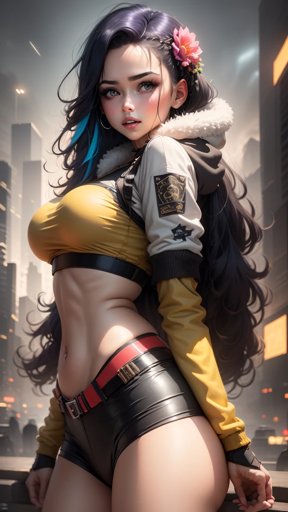 (Masterpiece), Best Quality, ultra high resolution,, Cyberpunk 1girl flying over a stunning cityscape ,hoodie,blue fur,  neon colored shooting stars, very long hair, off the shoulder, feather hair ornament, Neon colors, flashes, stunning night sky, cinematic lighting, photorealistic, realistic skin, HDR,fish eye, Masterpiece, Best Quality, high quality, extremely detailed CG unity 8k wallpaper, bokeh, depth of field, HDR, Bloom, chromatic aberration ,photorealistic,extremely detailed, trend on Artstation, trend on CGsociety, intricate, high detail, dramatic,