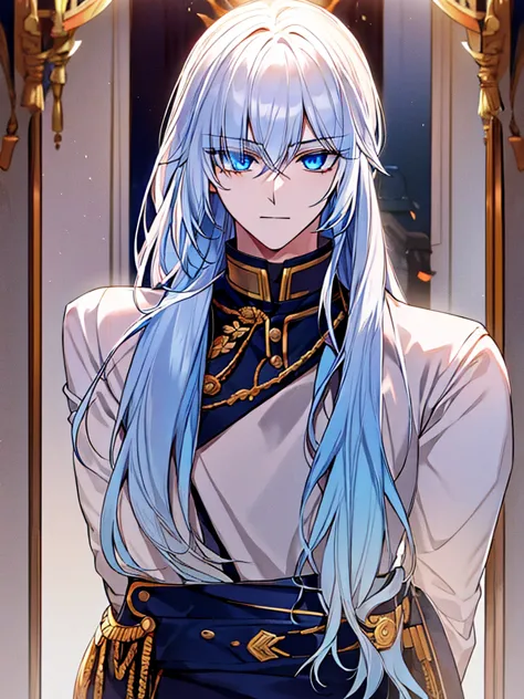 male, boy, blue eyes, white hair, long hair, bad boy look, adult look, prince clothes