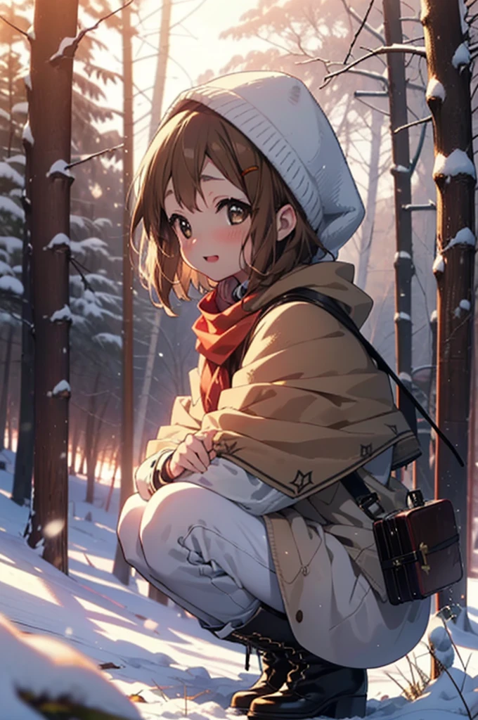 yuihirasawa, Yui Hirasawa, short hair, Brown Hair, hair ornaments, (Brown eyes:1.5), Hair Clip、smile,smile,blush,White Breath,
Open your mouth,snow,Ground bonfire,, Outdoor, boots, snowing, From the side, wood, suitcase, Cape, Blurred, , forest, White handbag, nature,  Squat, Mouth closed, Cape, winter, Written boundary depth, Black shoes, red Cape break looking at viewer, Upper Body, whole body, break Outdoor, forest, nature, break (masterpiece:1.2), Highest quality, High resolution, unity 8k wallpaper, (shape:0.8), (Beautiful and beautiful eyes:1.6), Highly detailed face, Perfect lighting, Extremely detailed CG, (Perfect hands, Perfect Anatomy),