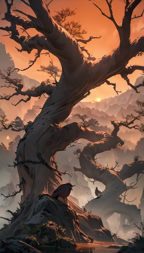 masterpiece, high quality, high resolution,8k, chinese painting ,, dead vines, old ((trees)), dusk ((crow)) don&#39;t cry,, ((a ...