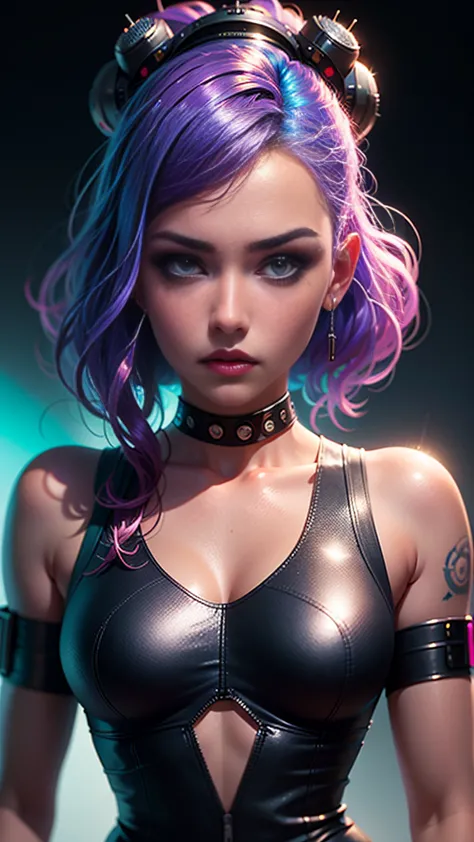 a close up of a woman with tattoos on her chest, hyper-realistic cyberpunk style, cyberpunk style ， hyperrealistic, dreamy cyber...