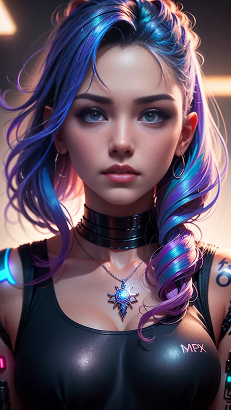 a close up of a woman with tattoos on her chest, hyper-realistic cyberpunk style, cyberpunk style ， hyperrealistic, dreamy cyber...