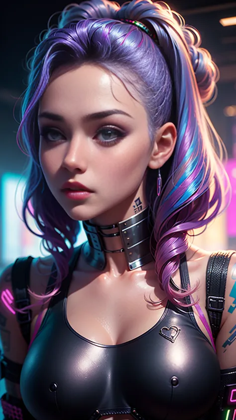 a close up of a woman with tattoos on her chest, hyper-realistic cyberpunk style, cyberpunk style ， hyperrealistic, dreamy cyber...