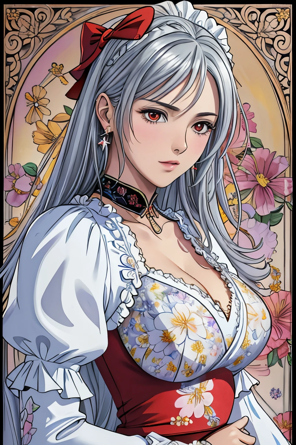 (​masterpiece, top-quality, top-quality, Official art, Beautifully Aesthetic:1.2), red eyes, (highest quality, masterpiece painting:1.3), immature woman, 16 years old, (half body shot), masterpiece, ultra high resolution, (((rainbow dress, ornate dress, puffy sleeves, juliet sleeves, (long sleeves:1.2), red bow,))), Decorative panel, abstract art, (shot from a side angle), (Photoreal:1.0), ((light silver hair)),straight hair, beautiful shining hair, white and shining skin, Painterly, sketch, Texture, 超A high resolution, solo, Beautuful Women, A highly detailed, (Fractal Art:1.1), (colourfull:1.1), (florals:1.6), The most detailed, (Zentangle:1.2), (Dynamic Poses), (Abstract background:1.3), (shinny skin), (Many colors:0.8), (earrings:1.4), (pluma:0.9), Taisho romance,