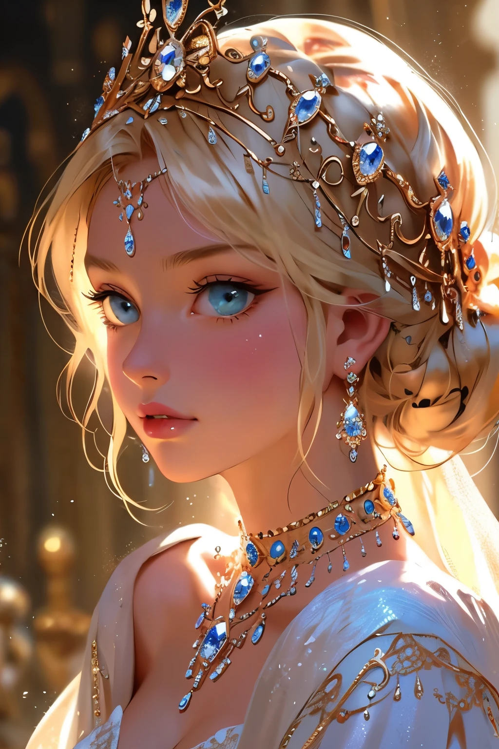 Uma deslumbrante princesa loira adornada com joias brilhantes, capturado em um estilo cinematográfico que lembra as pinturas etéreas de Julia Razumova.