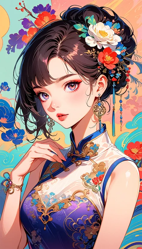 Chinese cheongsam sexy,illustration,High-end fashion,Beautiful and delicate eyes,Beautiful and delicate lips,Long eyelashes,Exqu...