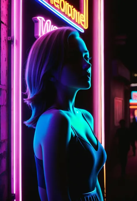 Side face silhouette，Shadow of beautiful woman under neon sign,Huge neon signboard，(Neon sign with text:1.5)

