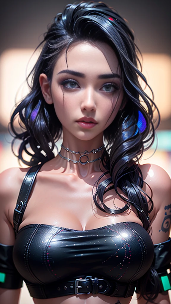 a close up of a woman with tattoos on her chest, hyper-realistic cyberpunk style, cyberpunk style ， hyperrealistic, dreamy cyberpunk girl, hyperrealistic fantasy art, realistic digital art 4k, realistic digital art 4 k, cyberpunk art style, beautiful cyberpunk girl face, alena aenami and artgerm, hyper realistic anime, ross tran 8 k