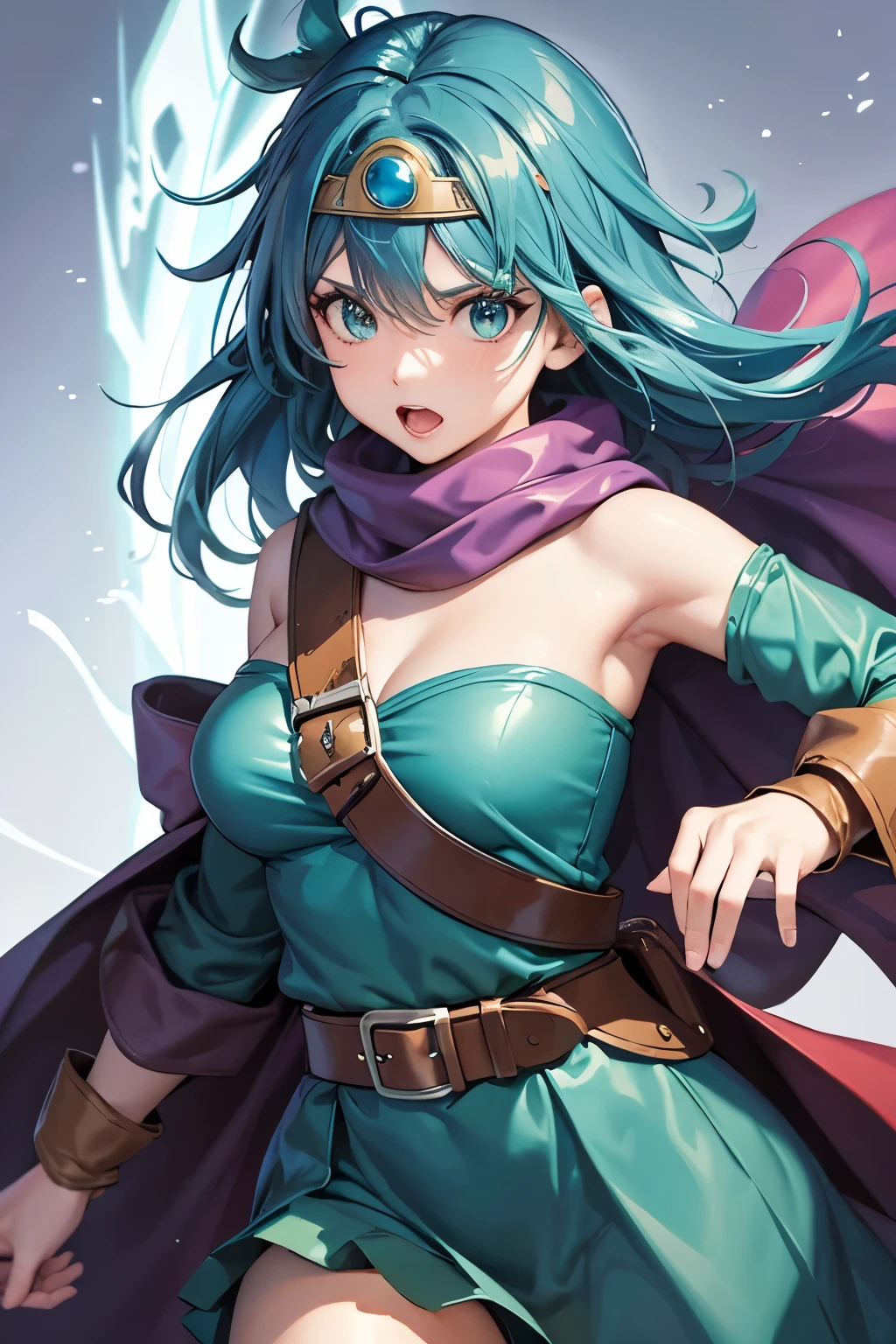 （（（ＳＦＷ、sound、Highest quality、first-class、masterpiece、Normal body、8K、Detailed face、Ultra-precision、Normal hand、Normal finger、５Finger、Highest）））、beautiful girl、Green Hair、Small breasts、Shortcuts、Blue leotard、Shoulder Off、Black paleo skirt、Red cloak、Circlet、sword of the sky、DRAGON QUEST、Female Hero、In combat、Combat Ready、Lightning Slash、incantation、Gigadein