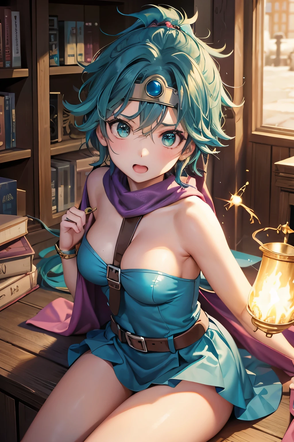 （（（ＳＦＷ、sound、Highest quality、first-class、masterpiece、Normal body、8K、Detailed face、Ultra-precision、Normal hand、Normal finger、５Finger、Highest）））、beautiful girl、Green Hair、Small breasts、Shortcuts、Blue leotard、Shoulder Off、Black paleo skirt、Red cloak、Circlet、sword of the sky、DRAGON QUEST、Female Hero、In combat、Combat Ready、Lightning Slash、incantation、Gigadein