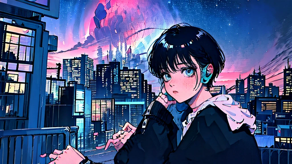 Black short Hair, Black Clothing, One Adult Woman Looking Sideways ,Blue headphones、 City of night, Delicate background、Masterpiece、Night Town、night、dark、Nostalgic、Country Road、Fantastic starry sky