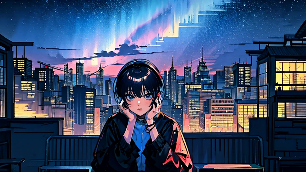 Black short Hair, Black Clothing, One Adult Woman Looking Sideways ,Blue headphones、 City of night, Delicate background、Masterpiece、Night Town、night、dark、Nostalgic、Country Road、Fantastic starry sky