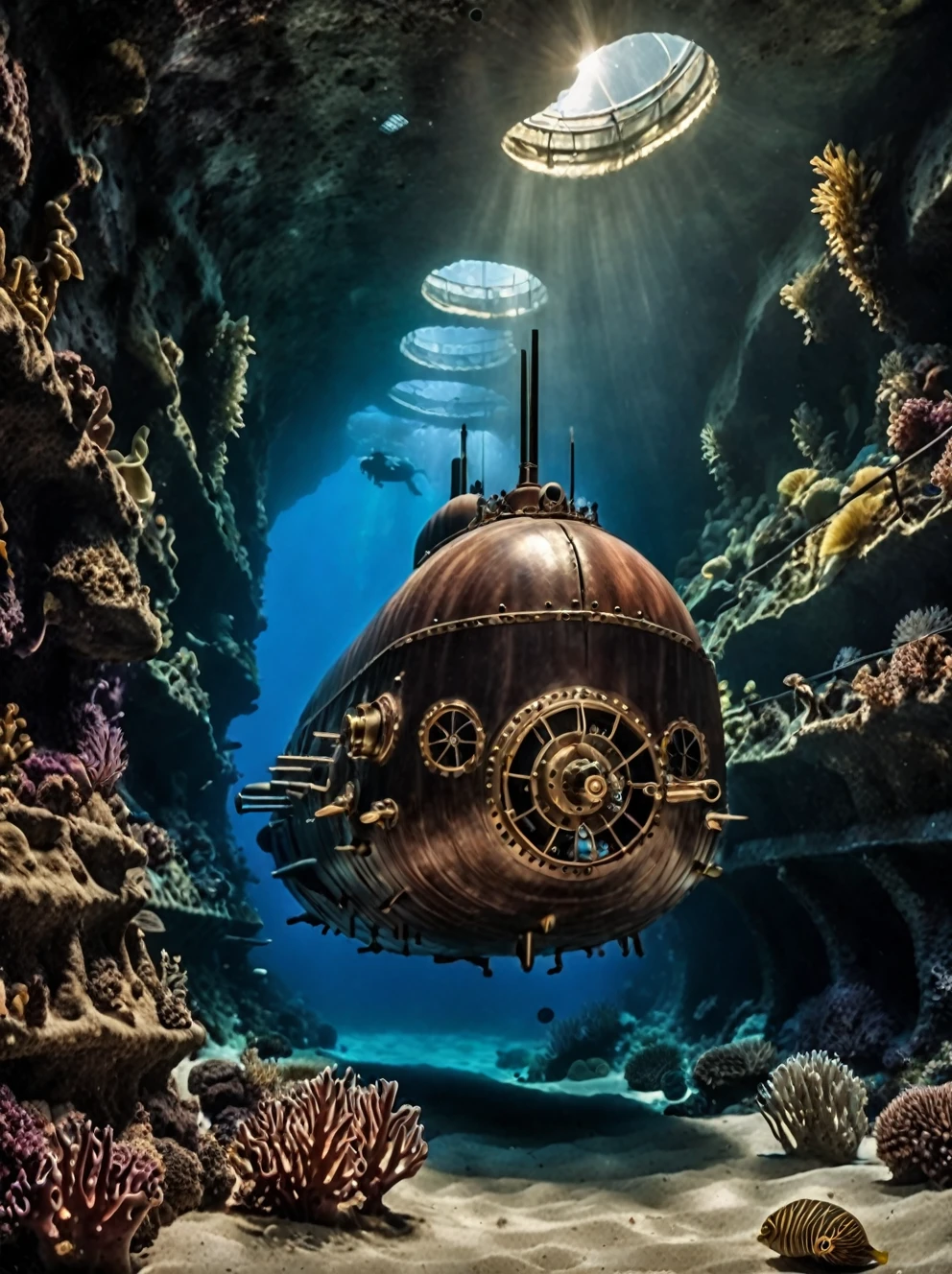 photo of nautilus submarine, BugattiAI submarine, underwater, ocean, deep, exploring a canyon, realistic scenery, steampunk nautilus-style. very wide shot, film, professional,