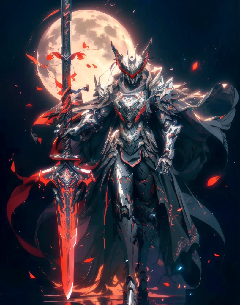 Personajes de anime con una capa roja y una espada antes de la luna llena., anime rudo 8k, fanart de warframe de alta calidad, exquisito fanart de warframe, obra de arte épica de anime, Fondo de pantalla de arte anime 4K, fondo de pantalla de arte anime 4k, anime mecha estética, arte detallado de onmyoji, fanart detallado de warframe, Arte conceptual digital de alta calidad., Caballero Dragón, armadura roja, (solo)