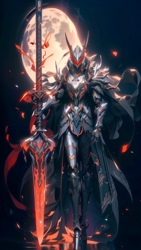 Personagens de anime vestindo capa vermelha e espada antes da lua cheia, Badass anime 8 K, fanart de warframe de alta qualidade, fanart requintada de warframe, arte épica de anime, papel de parede de arte de anime 4k, Papel de parede de arte anime 4k, estética de mecha de anime, arte detalhada de onmyoji, fanart detalhada do warframe, arte conceitual digital de alta qualidade, Cavaleiro Dragão, armadura vermelha, (Sozinho)