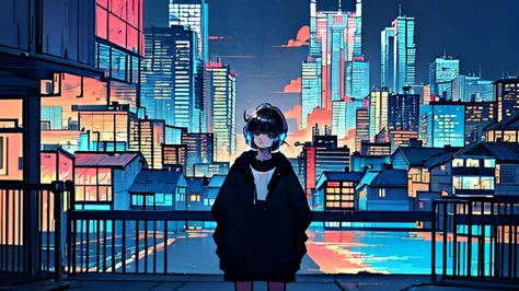 black short hair, black clothing, one adult woman looking sideways ,blue headphones、 city of night, delicate background、masterpi...