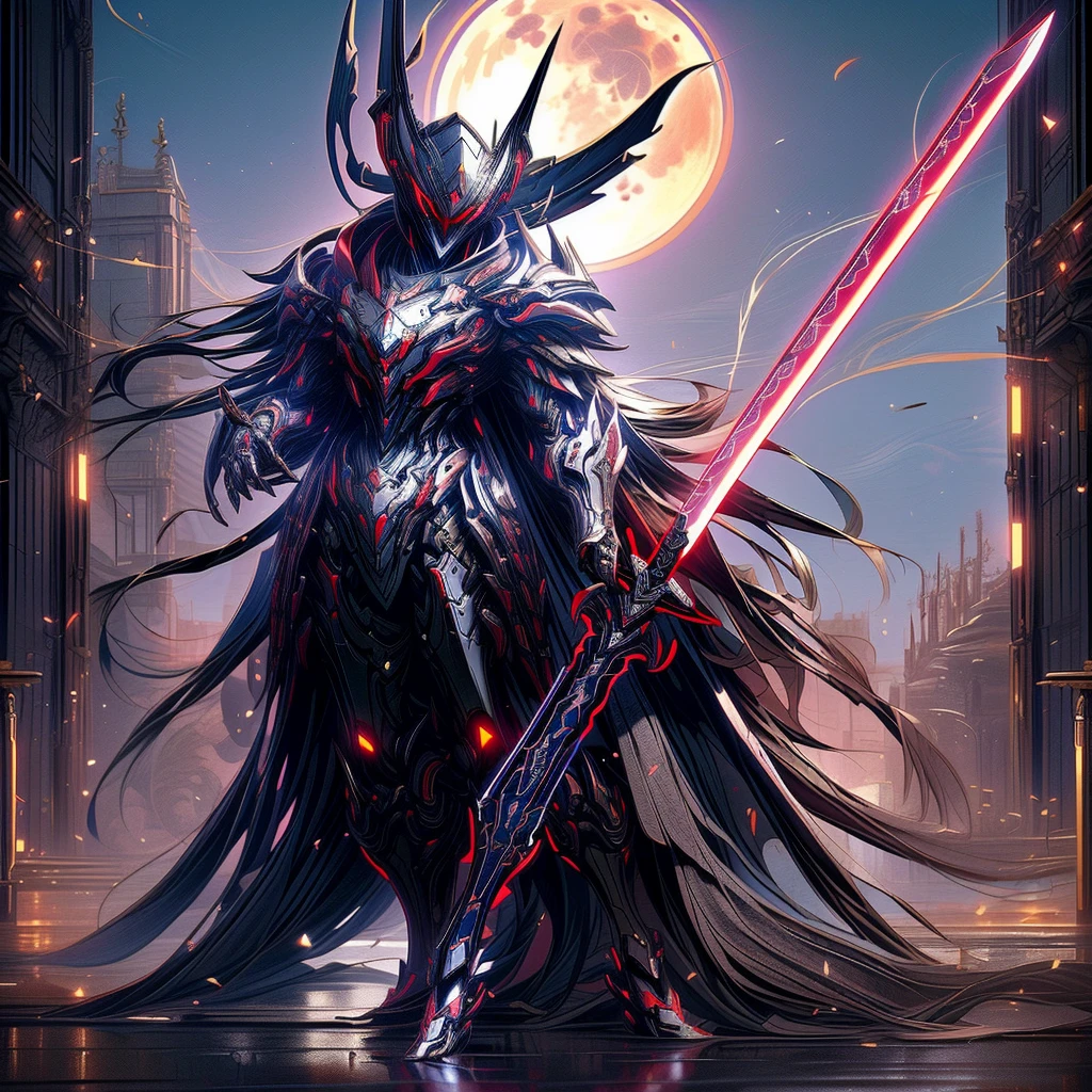 Anime characters wearing a red cloak and sword before the full moon, Badass anime 8 K, high quality warframe fanart, exquisite warframe fanart, Anime epic artwork, Anime art wallpaper 4 K, Anime art wallpaper 4k, anime mecha aesthetic, Onmyoji detailed art, detailed warframe fanart, High quality digital concept art, Dragon Knight, Red armor, (solo)