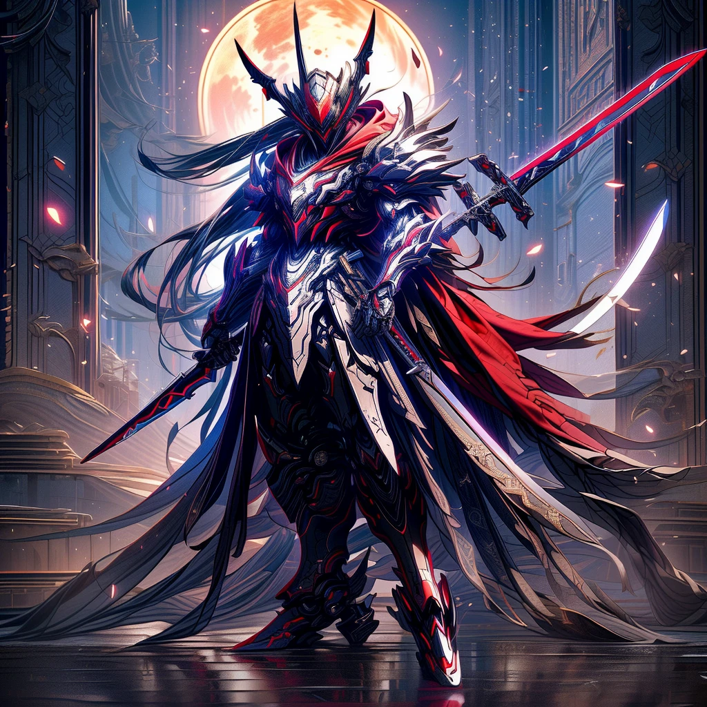 Anime characters wearing a red cloak and sword before the full moon, Badass anime 8 K, high quality warframe fanart, exquisite warframe fanart, Anime epic artwork, Anime art wallpaper 4 K, Anime art wallpaper 4k, anime mecha aesthetic, Onmyoji detailed art, detailed warframe fanart, High quality digital concept art, Dragon Knight, Red armor, (solo)