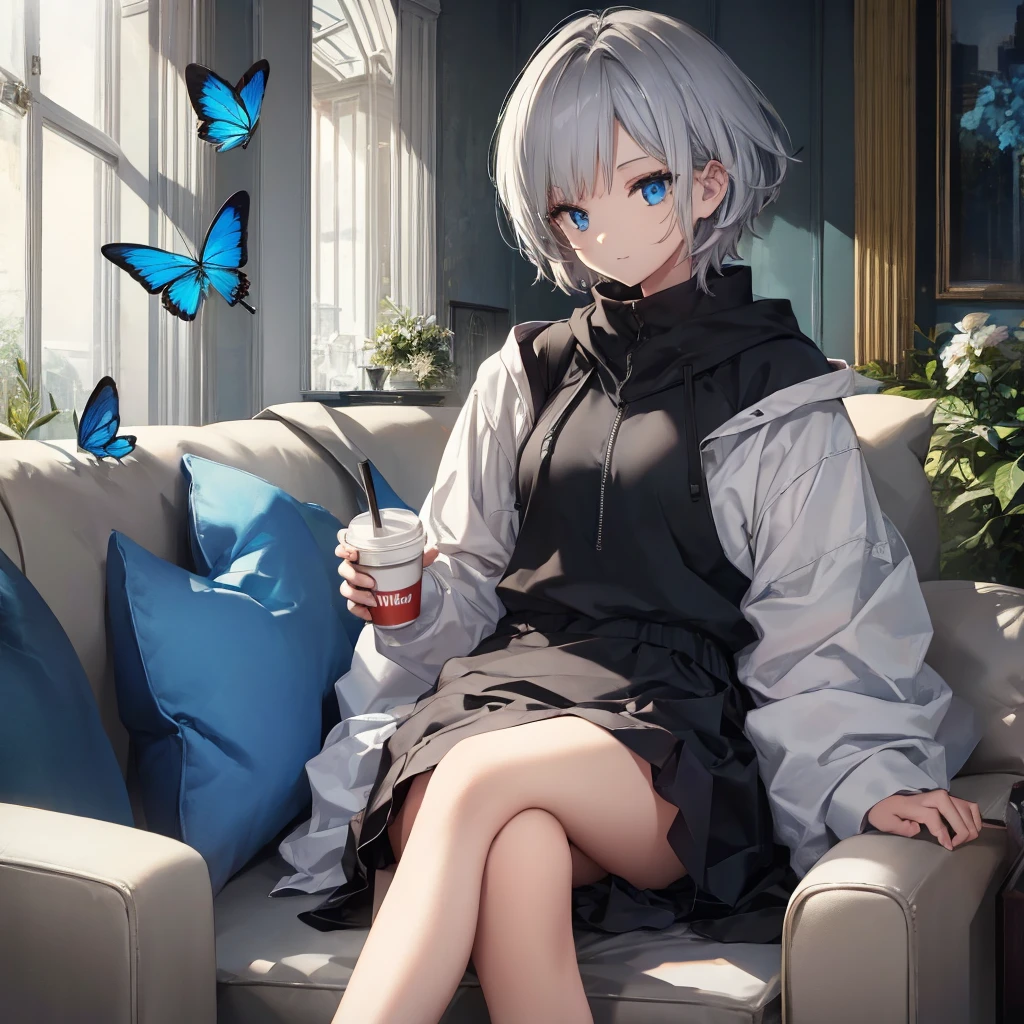 (((1 person　Gray Hair　Sit on the sofa　Crossing your legs　blue eyes)))　((High resolution　short hair　hoodie　Black Skirt　Rin々Funny face))　((Close-up))　((Blue butterfly　Asahi　Shining Aura　Catch the wind　Holding a cup　Drink coffee))　(smile　Bathed in light)　Shining Background　Shining Edge