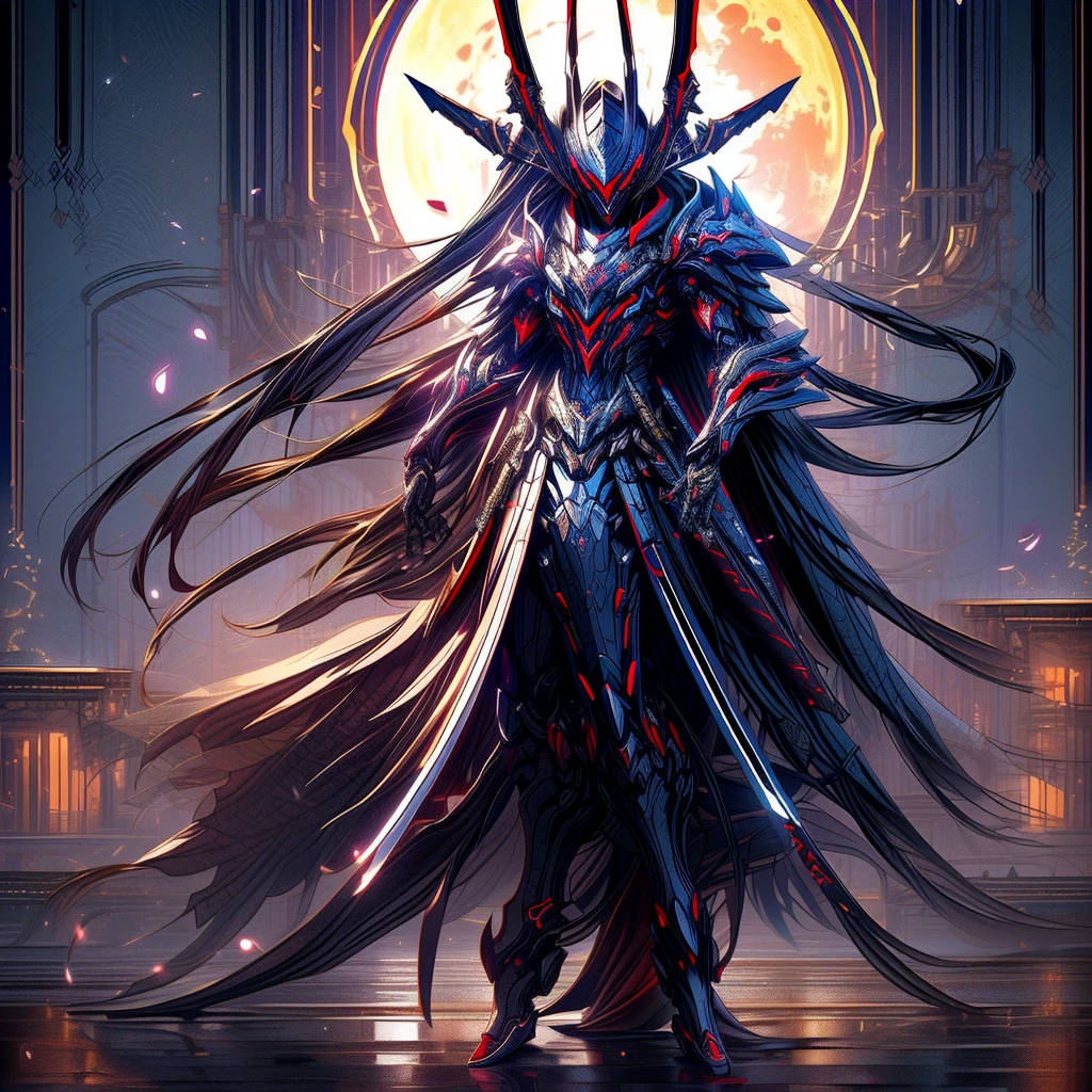 Anime characters wearing a red cloak and sword before the full moon, Badass anime 8 K, high quality warframe fanart, exquisite warframe fanart, Anime epic artwork, Anime art wallpaper 4 K, Anime art wallpaper 4k, anime mecha aesthetic, Onmyoji detailed art, detailed warframe fanart, High quality digital concept art, Dragon Knight, Red armor, (solo)