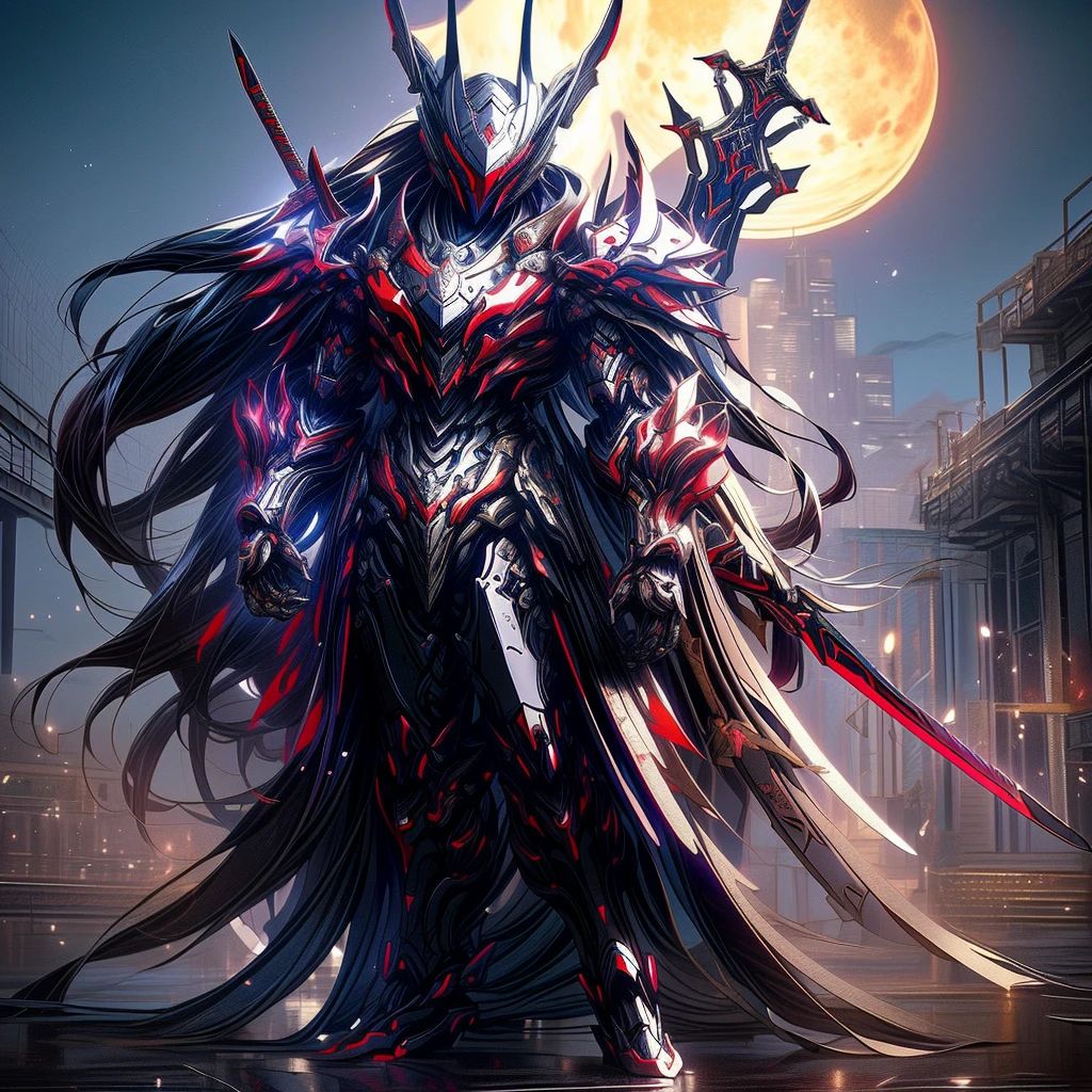 Personajes de anime con una capa roja y una espada antes de la luna llena., anime rudo 8k, fanart de warframe de alta calidad, exquisito fanart de warframe, obra de arte épica de anime, fondo de pantalla de arte anime 4k, fondo de pantalla de arte anime 4k, anime mecha estética, Arte detallado de Onmyoji, fanart detallado de warframe, Arte conceptual digital de alta calidad., Caballero Dragón, armadura roja, (solo)