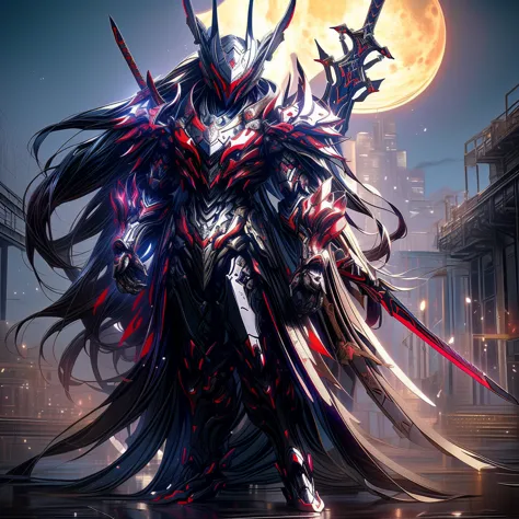 Anime characters wearing a red cloak and sword before the full moon, Badass anime 8 K, high quality warframe fanart, exquisite w...