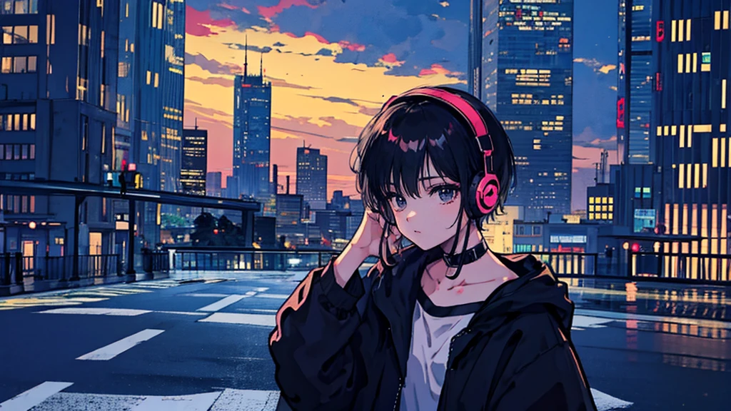 Black short Hair, Black Clothing, One Adult Woman Looking Sideways ,Blue headphones、 City of night, Delicate background、Masterpiece、Night Town、night、dark、Nostalgic、Country Road、