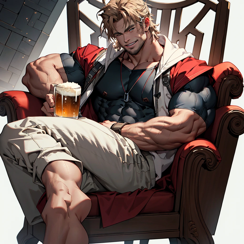 8k , masterpiece,  solo man , 1 man only , detailed face, detailed body parts, detailed fingers,  detailed muscles,  detailed background,  chris hemsworth as thor relaxing on a chair with spreadlegs ,showing muscles and bulge  smiling , satisfied from his victory,  wearing his hero outfit , near him his hammer , drinking a glass of beer 