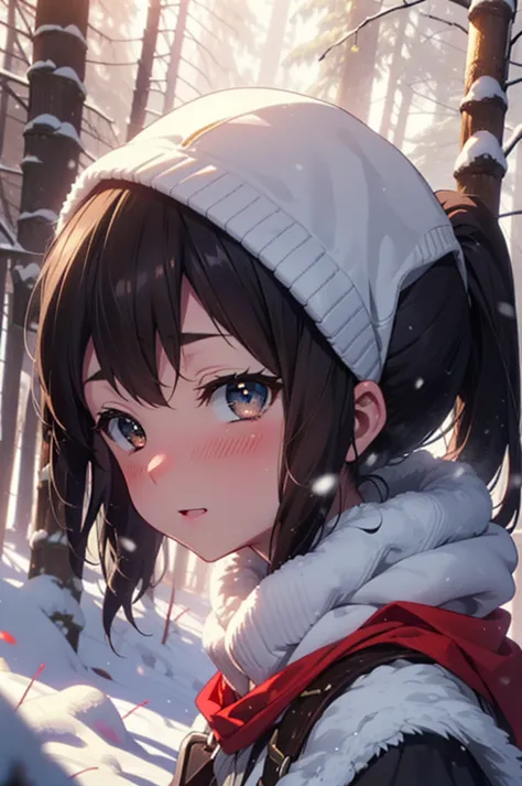 is, azusa nakano, black hair, (brown eyes:1.5), long hair, ,ponytail,smile,smile,blush,white breath,
open your mouth,snow,ground...