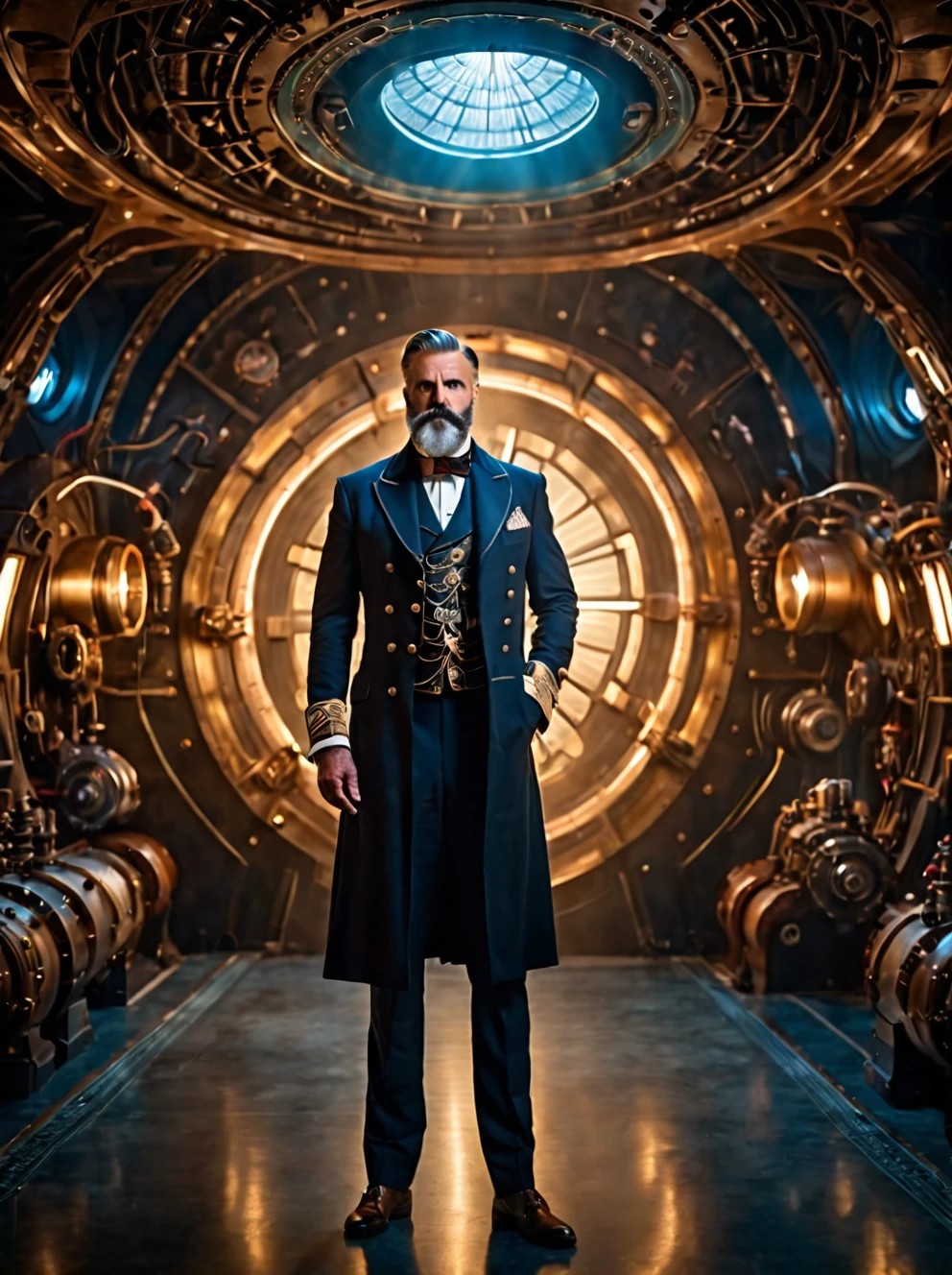 photo focus on male focus, indoors, realistic scenery, (captain nemo:1.1), retro-futuristic,  testing a laser , ray, beam,  steampunk nautilus-style. very wide shot, character photo portrait, film, professional, 4k