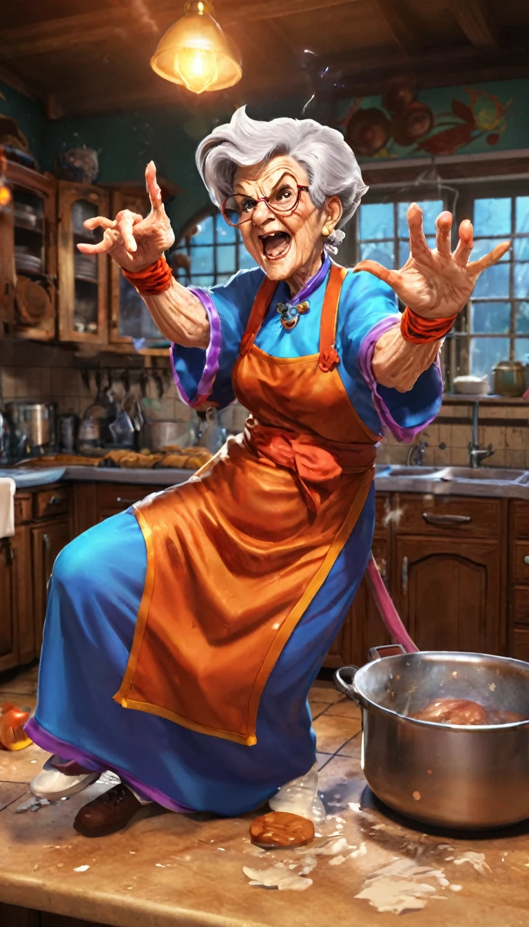 Fighting game style granny, Talk to your audience, Spitfire, Spellcasting . Dynamic, Energetic, Dynamic, Detailed character design, Reminiscent of fighting games，The background is the kitchen