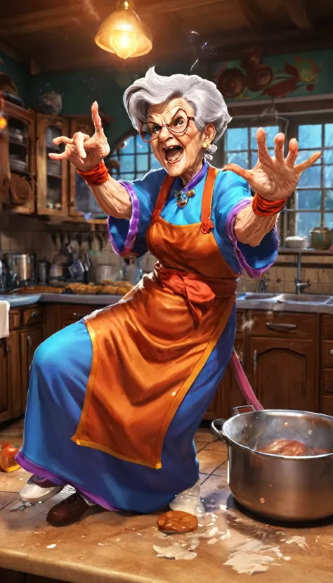 fighting game style granny, talk to your audience, spitfire, spellcasting . dynamic, energetic, dynamic, detailed character desi...