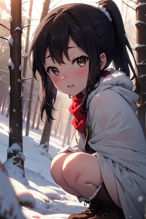 is, azusa nakano, black hair, (brown eyes:1.5), long hair, ,ponytail,smile,smile,blush,white breath,
open your mouth,snow,ground...