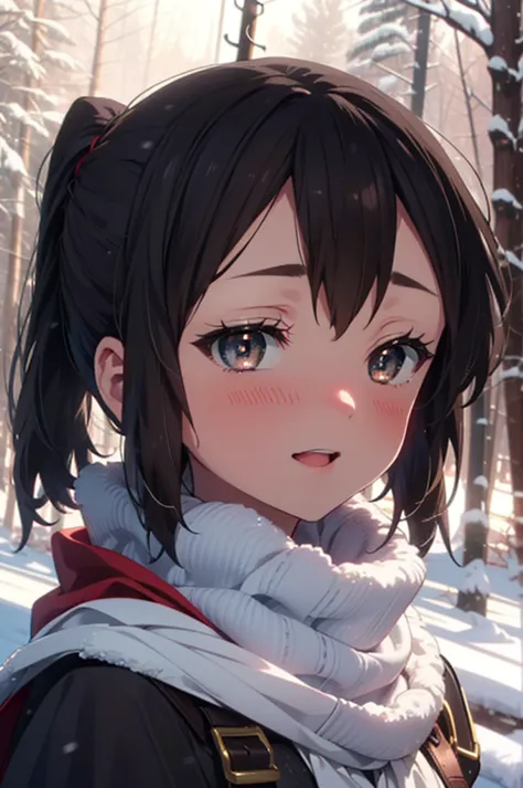 is, azusa nakano, black hair, (brown eyes:1.5), long hair, ,ponytail,smile,smile,blush,white breath,
open your mouth,snow,ground...