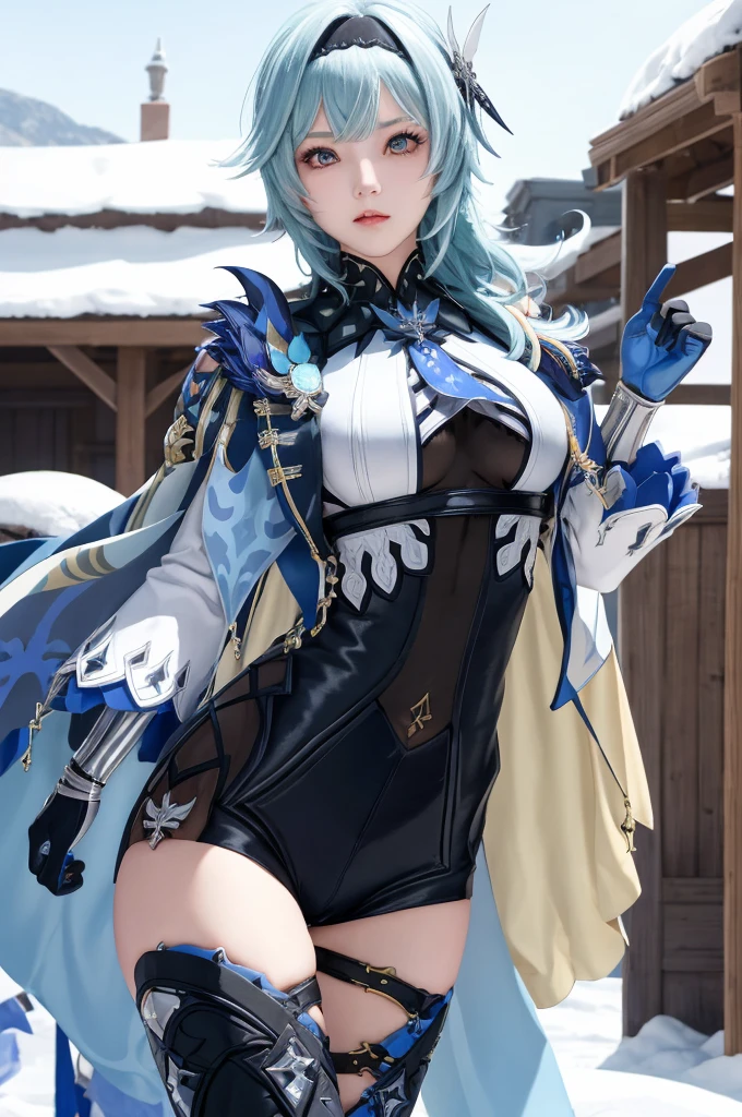 masutepiece, Best Quality, 8K resolution、Raw photo、1girl in,Eula \(GenshinImpact\),shairband,Blue hair,multicolored eyes,neck tie,cape,eyesight \(GenshinImpact\),leotard,Long sleeves,gloves,side locks,  black thighhighs, Dark iceberg in the background、snow blowing、Snowflakes dancing in the background、just